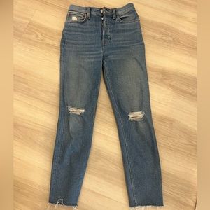 RE/DONE Denim Jeans. 90s High Waist Tapered Medium Destroyed Denim.